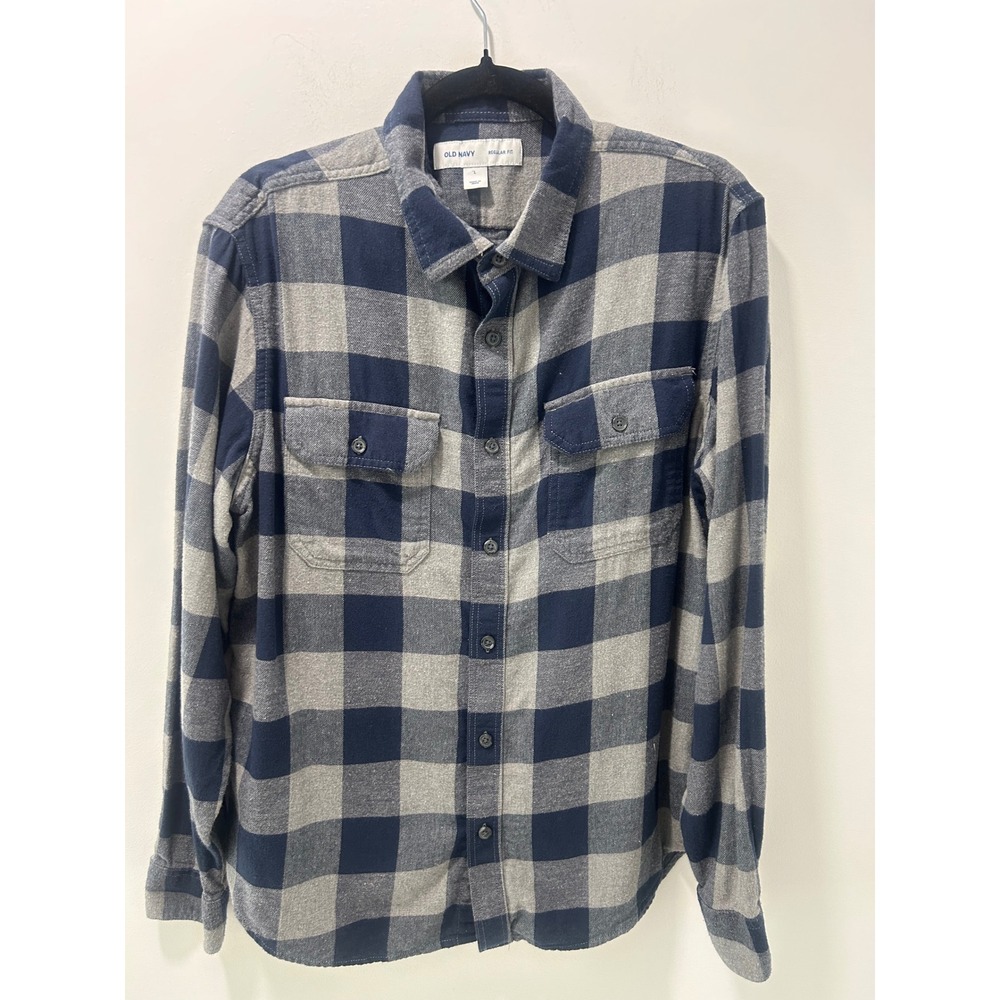 Old Navy Mens Regular Fit Flannel Shirt Blue Gray Buffalo Plaid Large L Long Slv
